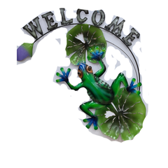 Welcome sign wall hanging with a frog on water lillies 55 cm