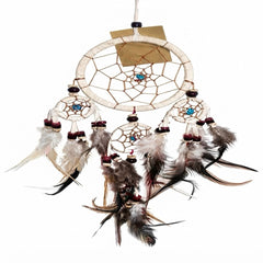 Dream catcher with 3 smaller rings and feathers 9 cm drop 40 cm