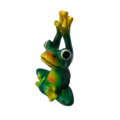 Frog green sitting with arms up in resin 10 cm high