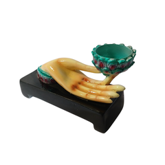 Hand incense holder and candle holder blue in resin 17 cm long