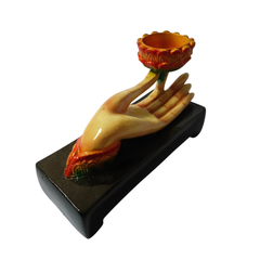 Hand incense holder and candle holder orange in resin 17 cm long
