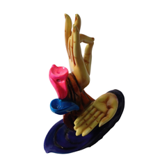 Two handed incense holder and candle holder blue in resin 20 cm long