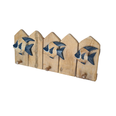 Wooden wall hanging, 3 hook with blue fish 50 cm
