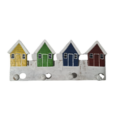 Wooden wall hanging, 4 hook with colorful beach shacks 40 cm