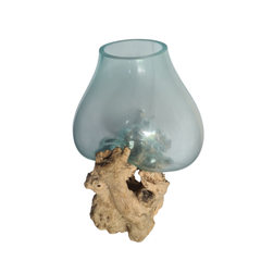 Hand blown single glass on wood 35 cm dia