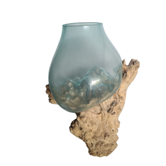 Hand blown single glass on wood 35 cm dia