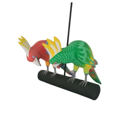 Parrot pair on perch looking down 30 cm