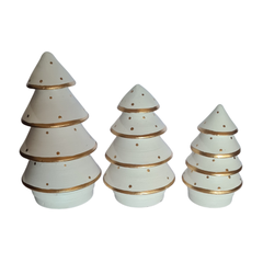 Xmas Cone Trees White & Gold Set Of 3, L = 20, M = 16, S = 13 cm