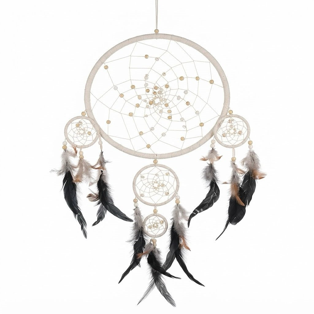 Dream catcher large ring 4 smaller rings and feathers 32 cm drop 80 cm