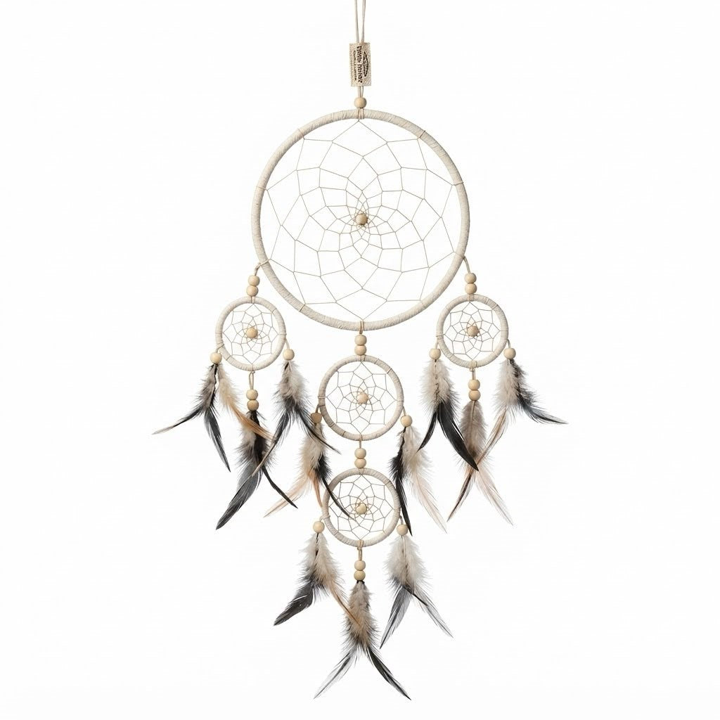 Dream catcher large ring 4 smaller rings and feathers 12 cm drop 60 cm