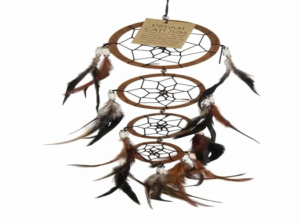 Dream catcher with 3 smaller rings and feathers 9 cm drop 60 cm