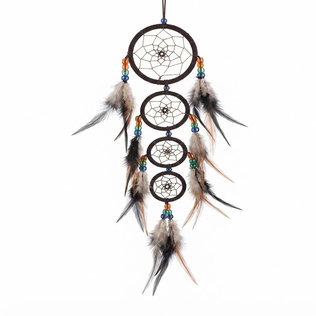 Dream catcher with 3 smaller rings and feathers 6 cm drop 50 cm