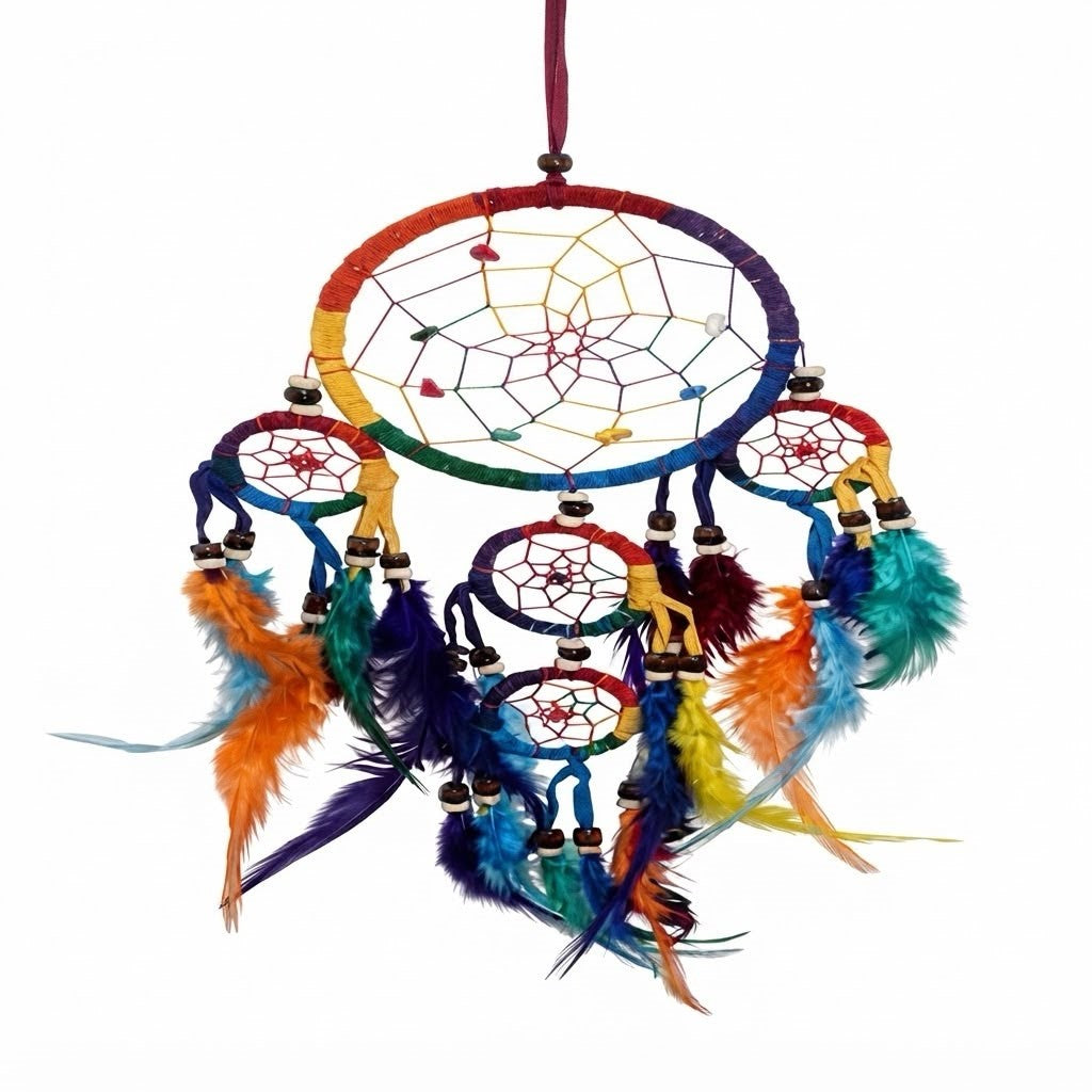 Dream catcher with 4 smaller rings and feathers 9 cm drop 40 cm