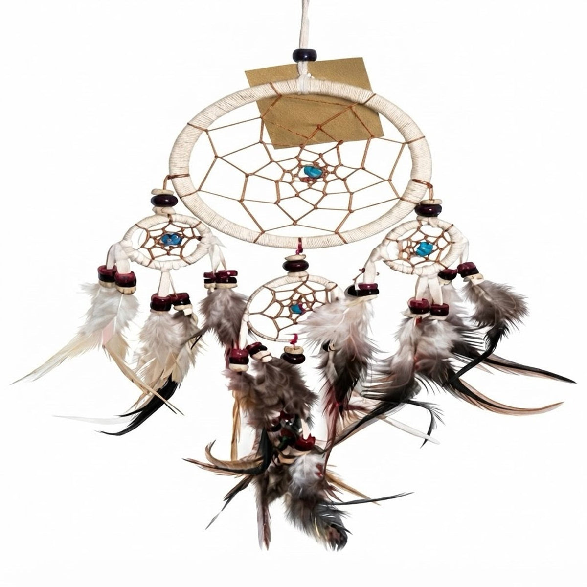 Dream catcher with 3 smaller rings and feathers 9 cm drop 40 cm