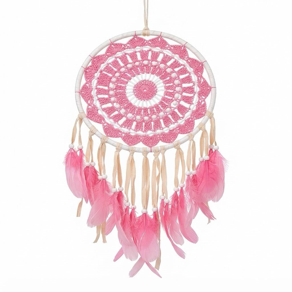 Dream catcher pink macrame with feathers 20 cm drop 60 cm