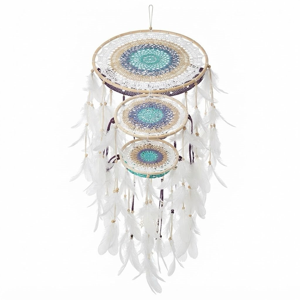 Dream catcher 3 rings with feathers 42 cm drop 120 cm