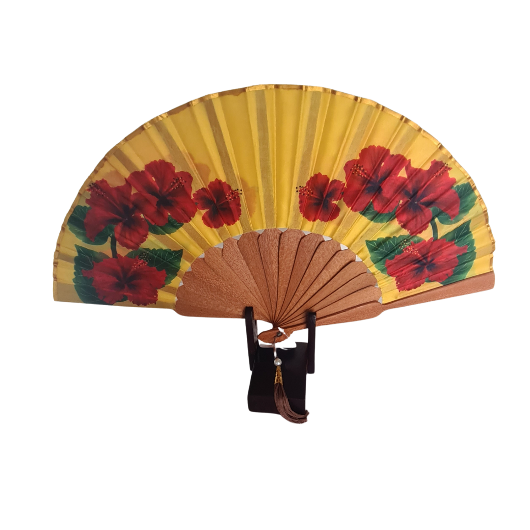 Hand Fan Yellow with flower pattern 25 cm – Bali Homewares