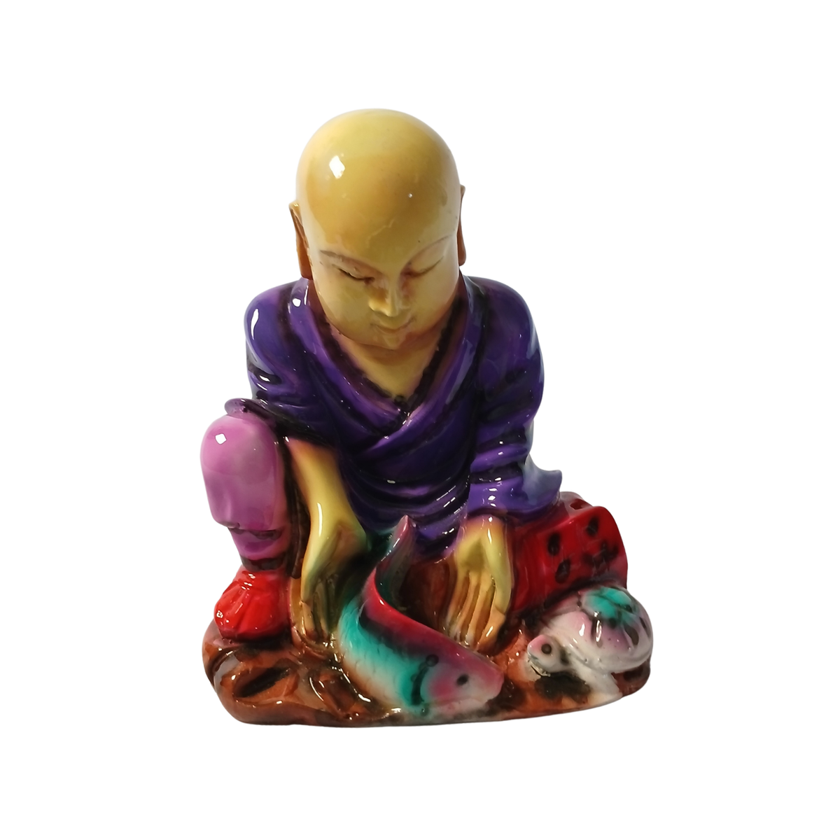 Shaolin sitting with a fish and turtle purple in resin  12 cm high