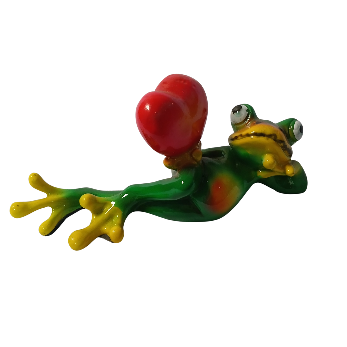Frog green lying with heart in resin 15 cm long