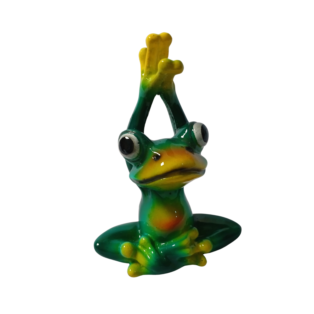 Frog green sitting with arms up in resin 10 cm high