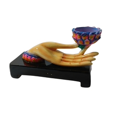 Hand incense holder and candle holder aqua in resin 17 cm long