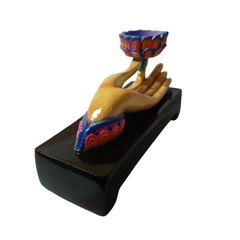 Hand incense holder and candle holder blue in resin 17 cm long