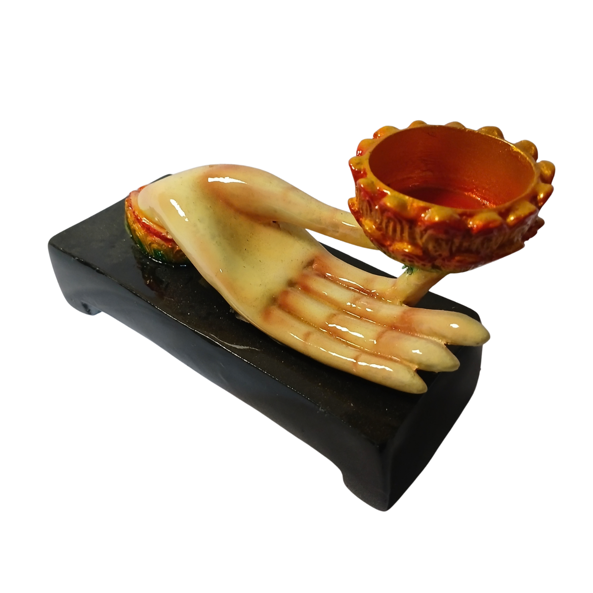 Hand incense holder and candle holder orange in resin 17 cm long