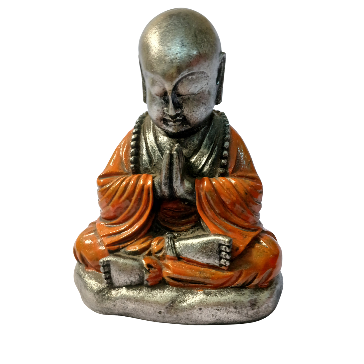 Budha silver and orange robe praying in resin 18 cm high