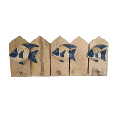 Wooden wall hanging, 3 hook with blue fish 50 cm