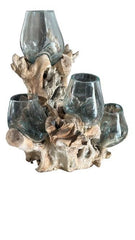 4 glass jars 13 cm dia on wood stand 46 cm high