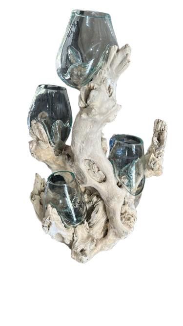 4 glass jars 13 cm dia on wood stand 46 cm high