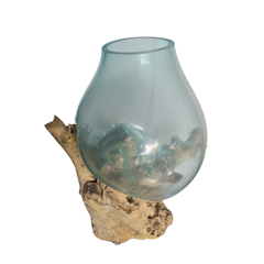 Hand blown single glass on wood 35 cm dia