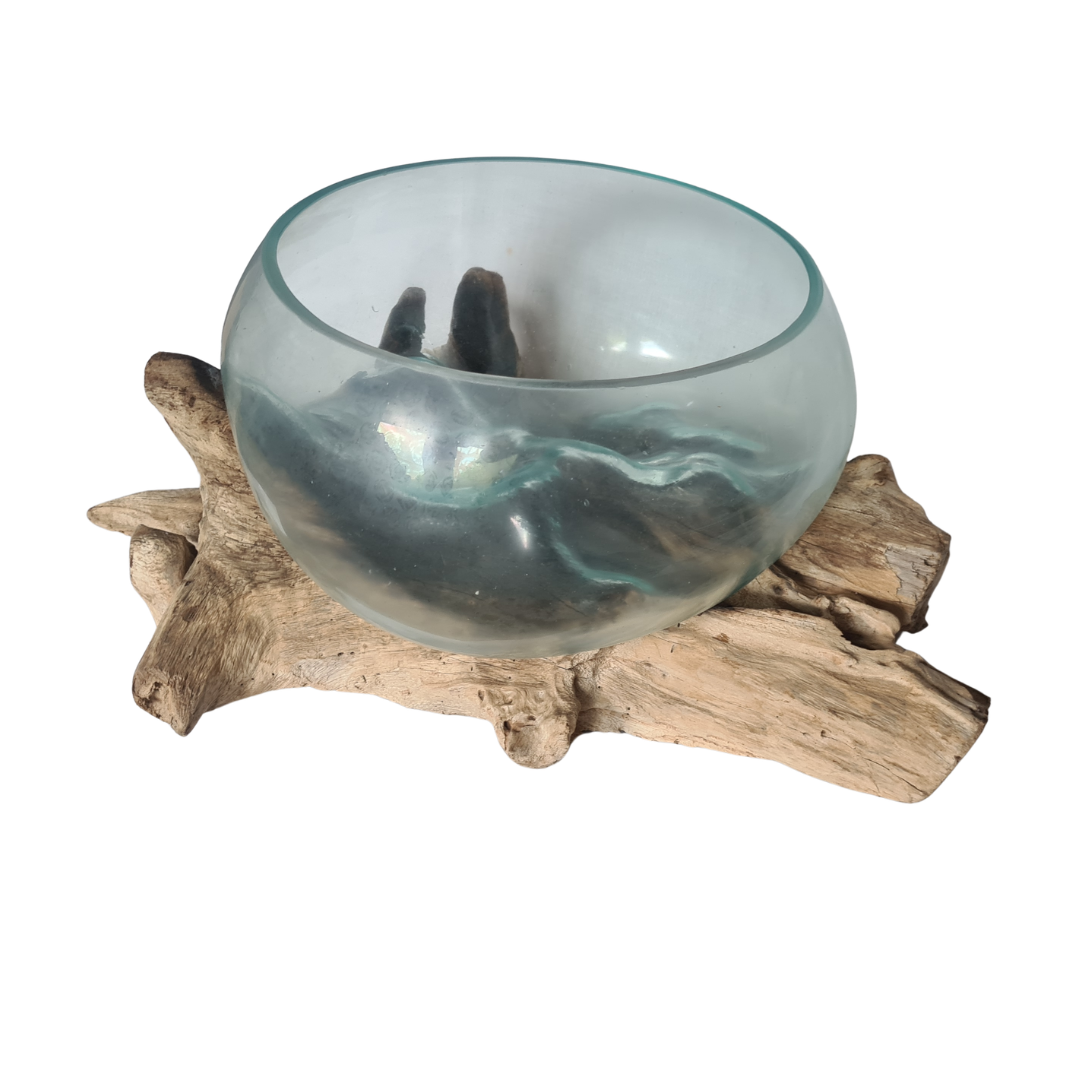Hand blown single open glass on wood 30 cm dia