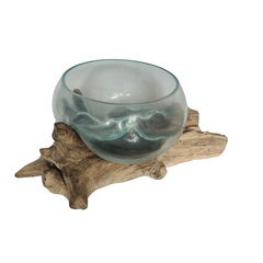 Hand blown single open glass on wood 30 cm dia