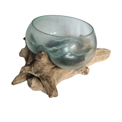 Hand blown single open glass on wood 30 cm dia