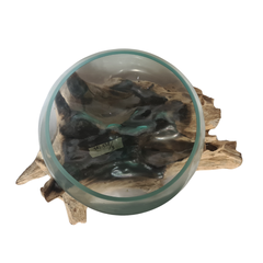 Hand blown single open glass on wood 30 cm dia
