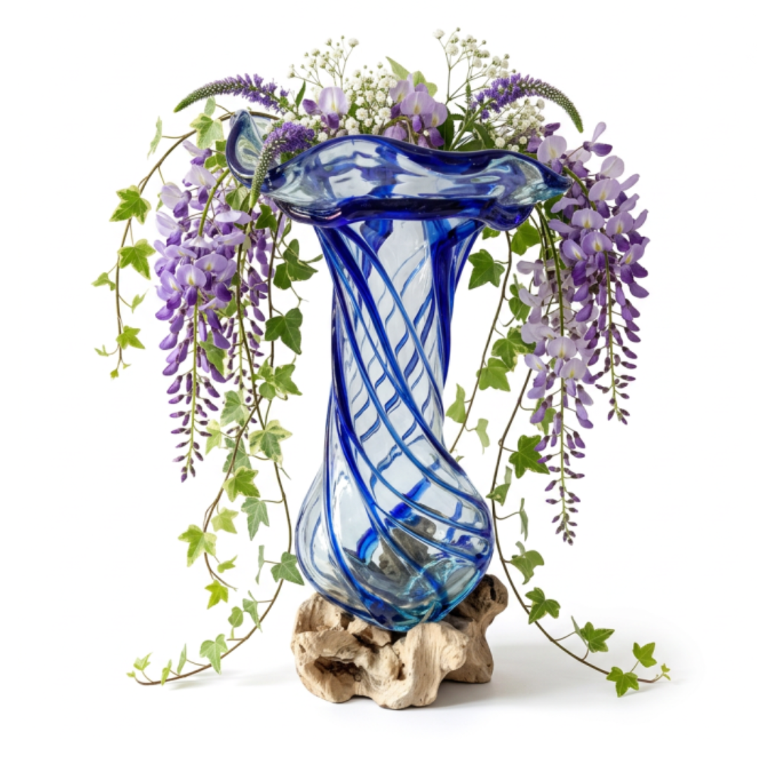 Glass flower vase 2 colours blue 30 x 15 cm on wood