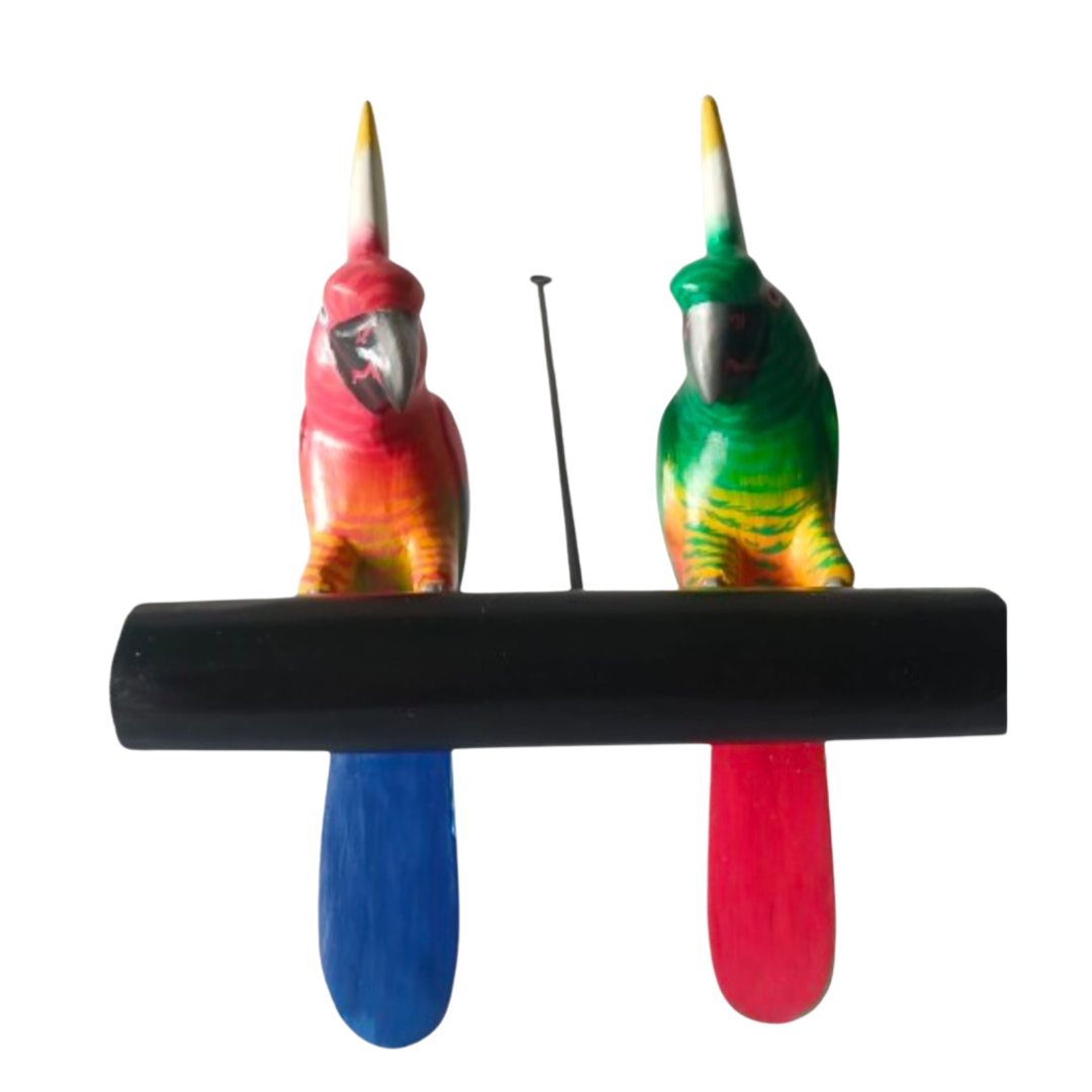 Parrot pair on perch looking down 30 cm
