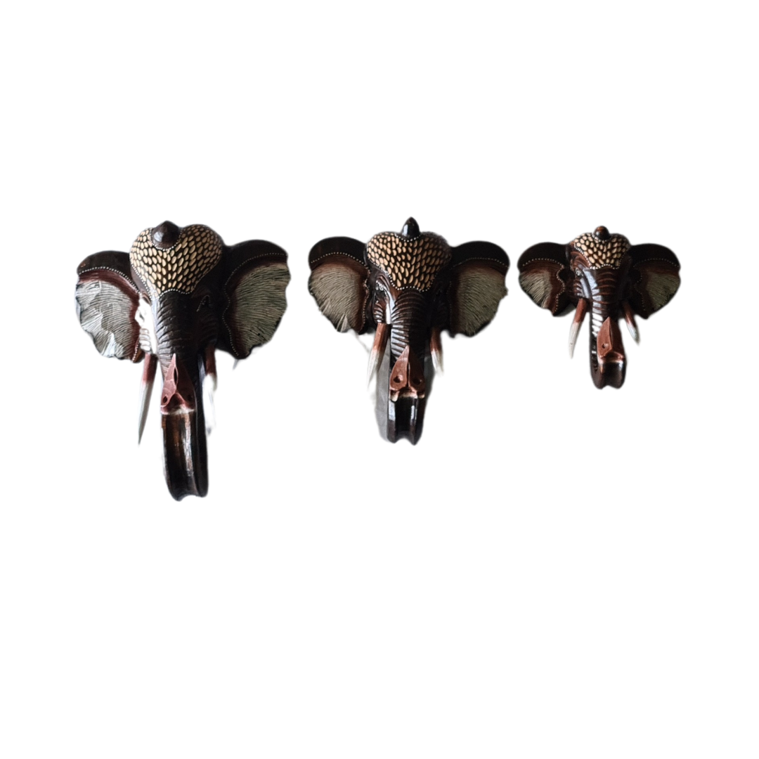 Elephant heads wall hangings set of 3 as 50, 40, 30 cm