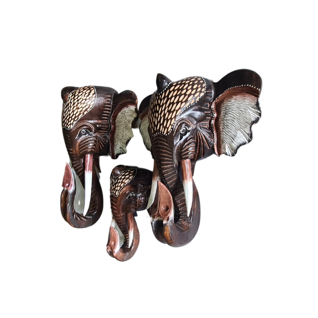 Elephant heads wall hangings set of 3 as 50, 40, 30 cm